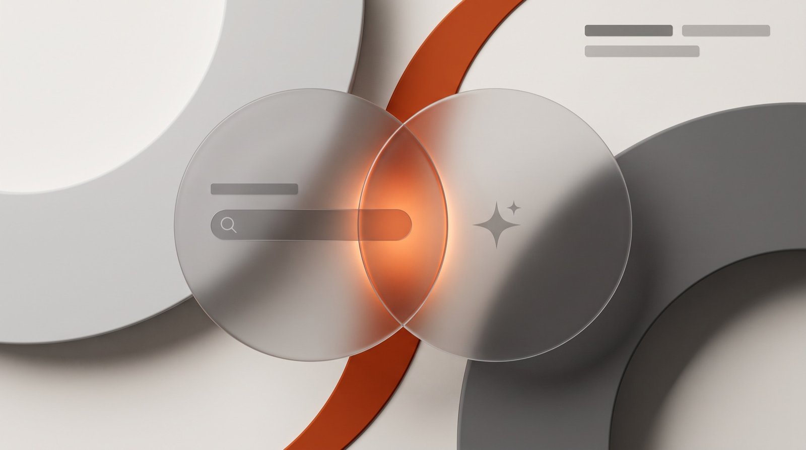 Two overlapping glass discs, one with a search bar and one with an AI sparkle, glowing orange where they meet